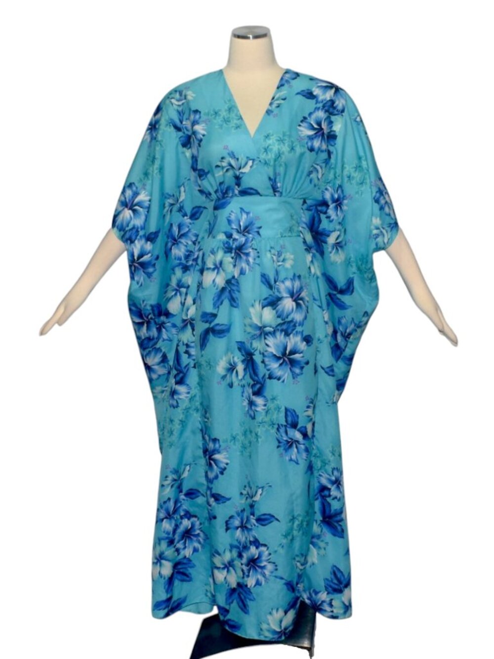 Vintage Jade Fashions Blue Hibiscus Caftan Dress Tropical Made in Hawaii OS